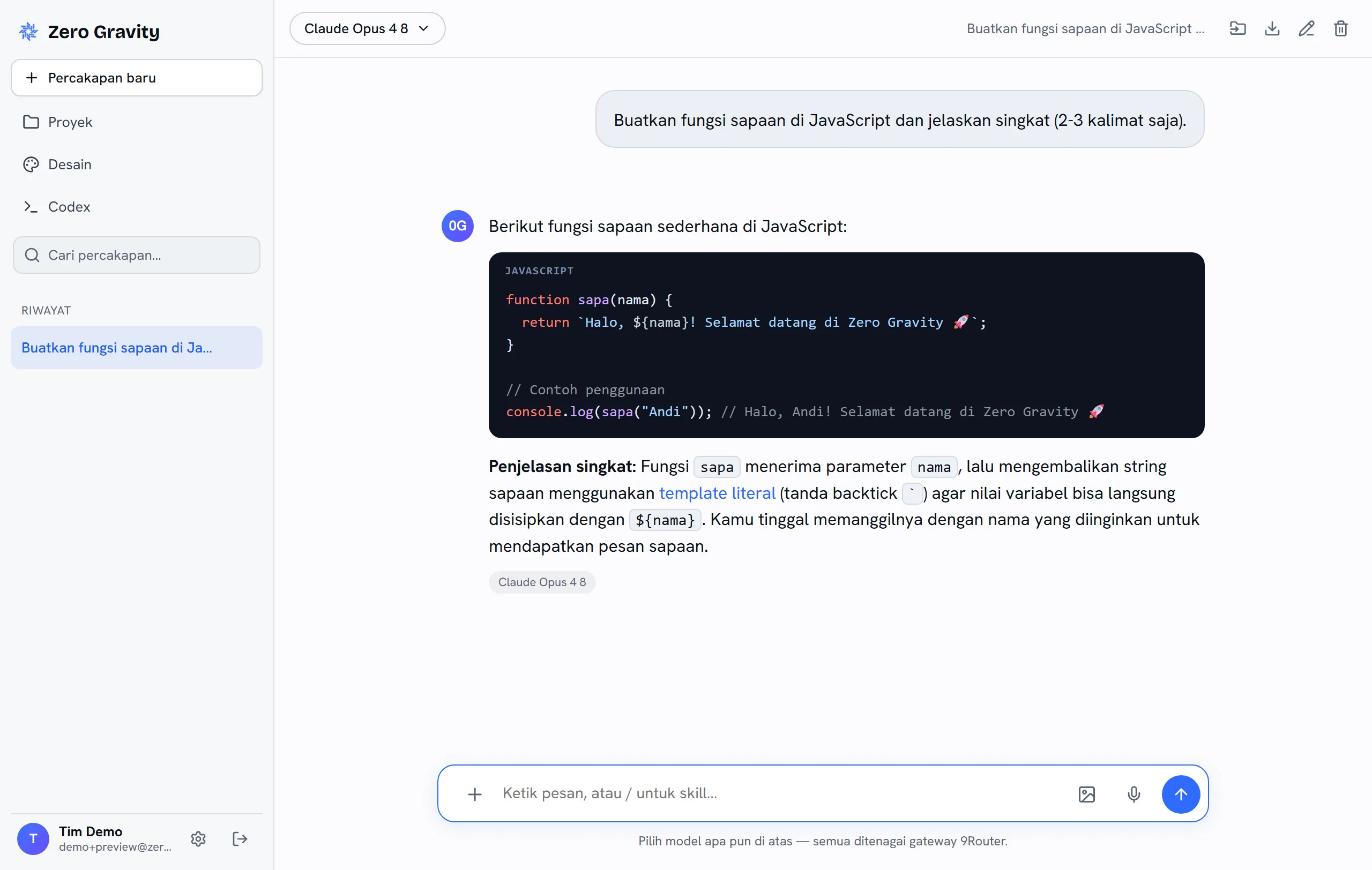 Tampilan aplikasi chat Zero Gravity